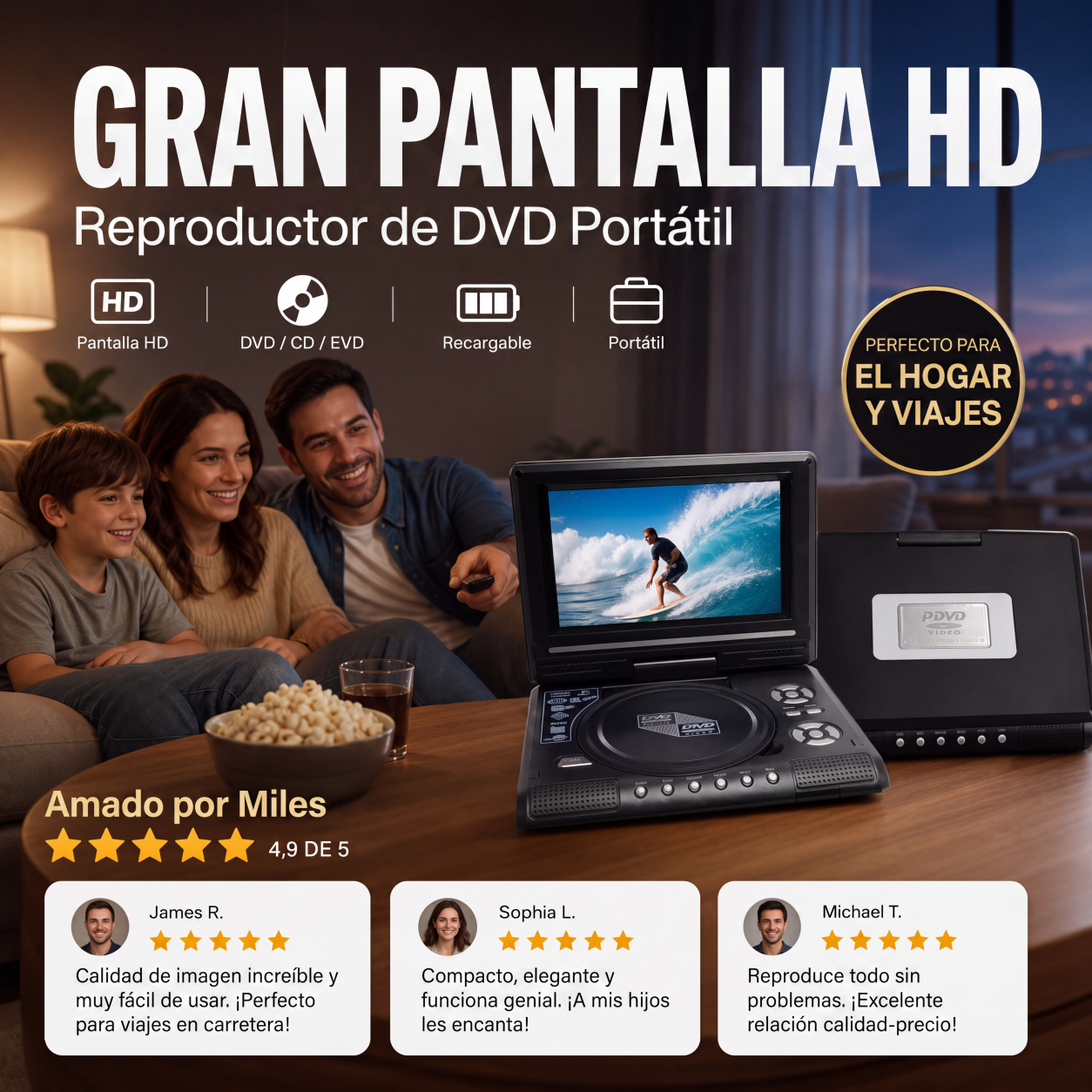 📺 Reproductor de DVD/EVD portátil HD de 7.8 pulgadas: pantalla grande, batería recargable, compatible con DVD/CD/USB/SD, ideal para uso doméstico y viajes 🔥 50% de descuento