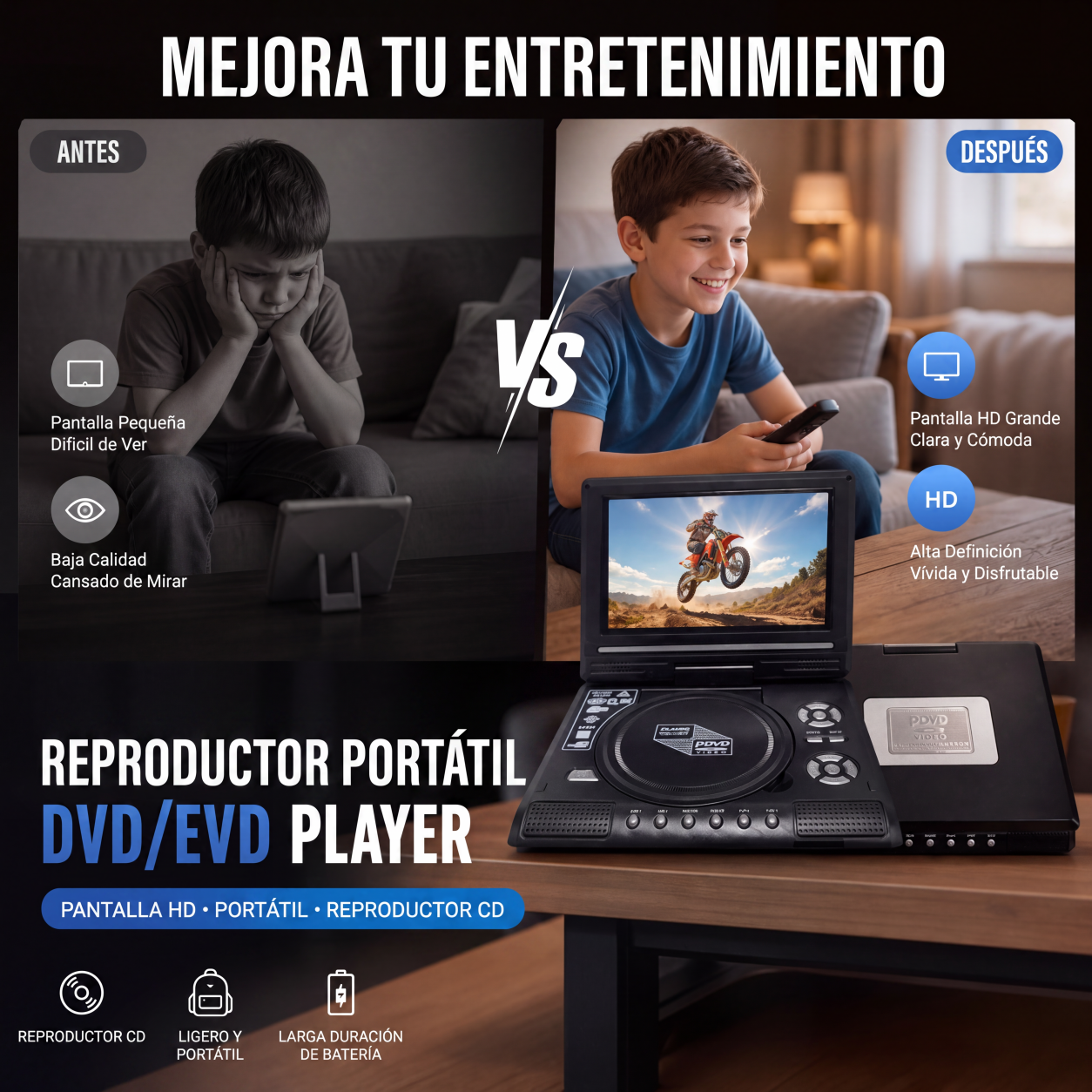 📺 Reproductor de DVD/EVD portátil HD de 7.8 pulgadas: pantalla grande, batería recargable, compatible con DVD/CD/USB/SD, ideal para uso doméstico y viajes 🔥 50% de descuento