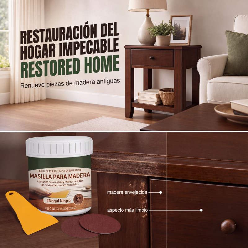 🔥VENTA FLASH🔥 Masilla de reparación para madera: rellena grietas y desportilladuras, alisa superficies, se integra a la madera oscura – ¡Aplicación sencilla!