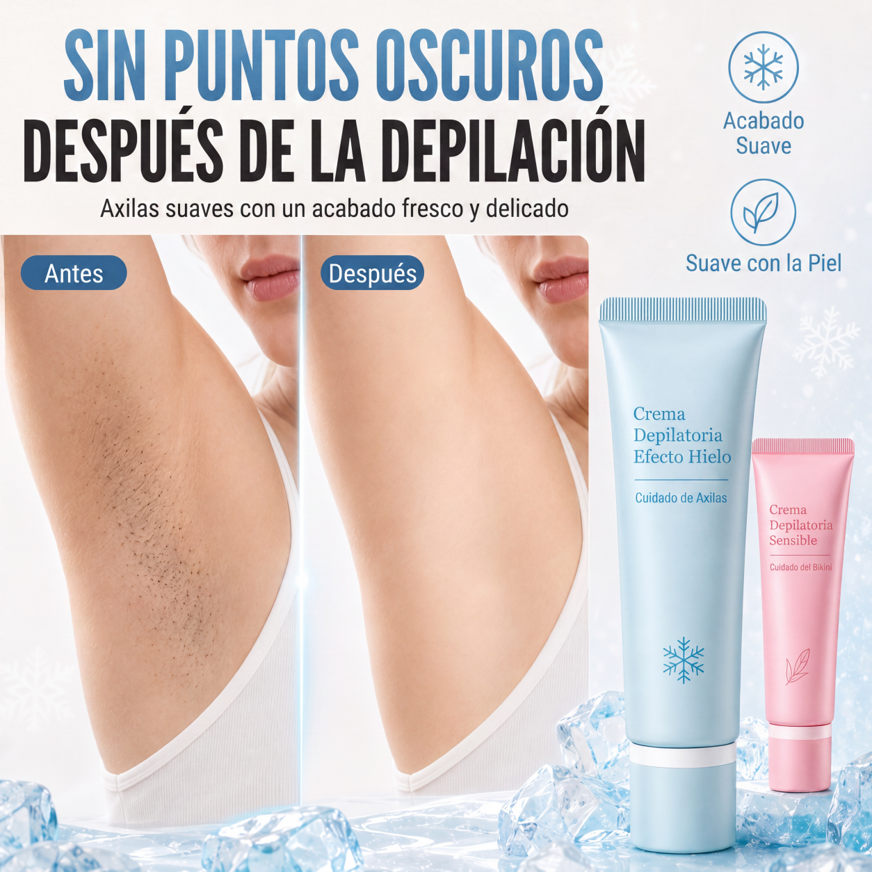 ✨ Crema Depilatoria Dual para Axilas y Zona Bikini | Efecto Hielo Calmante, Extractos Naturales, Niacinamida Aclarante, Ralentiza Crecimiento del Vello