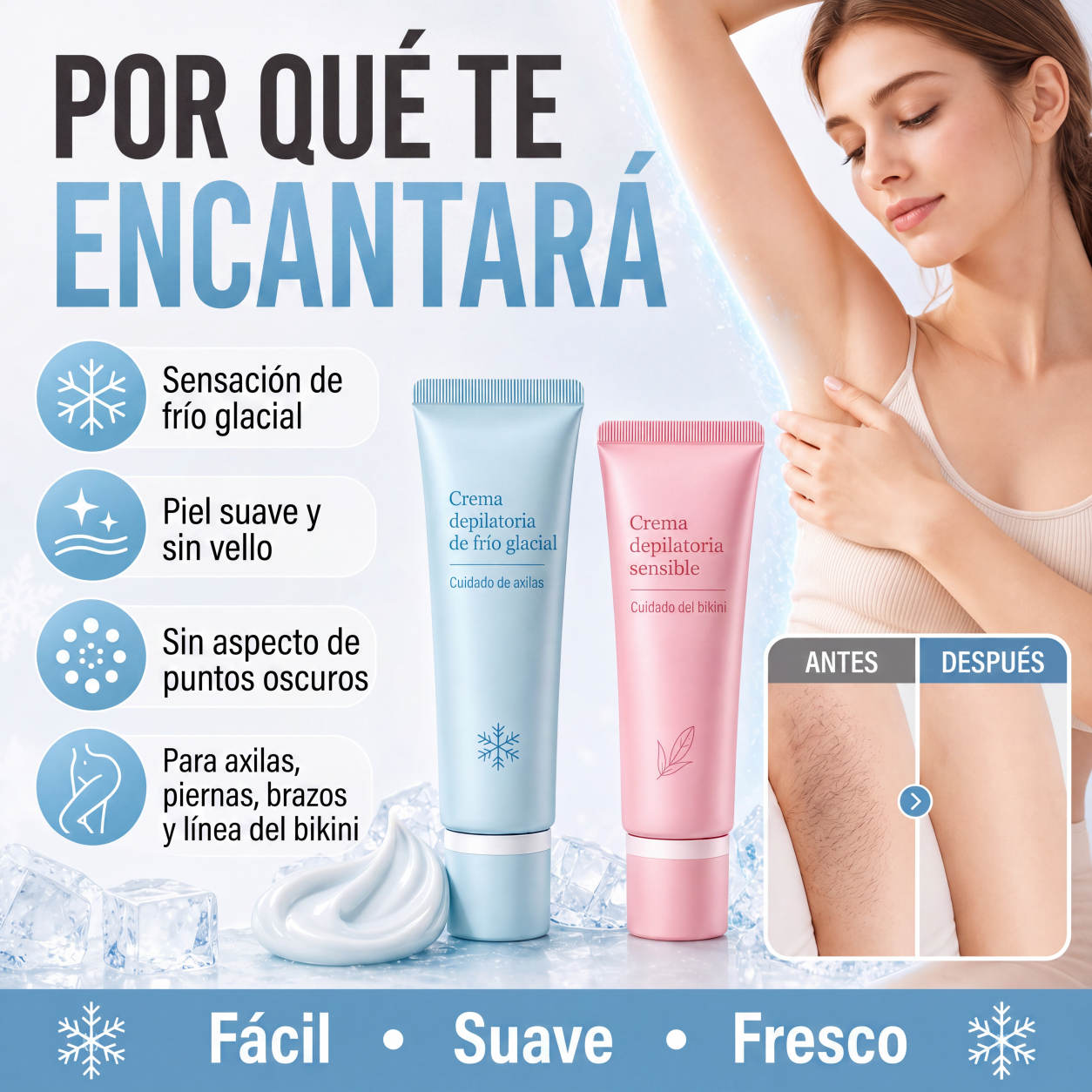 ✨ Crema Depilatoria Dual para Axilas y Zona Bikini | Efecto Hielo Calmante, Extractos Naturales, Niacinamida Aclarante, Ralentiza Crecimiento del Vello