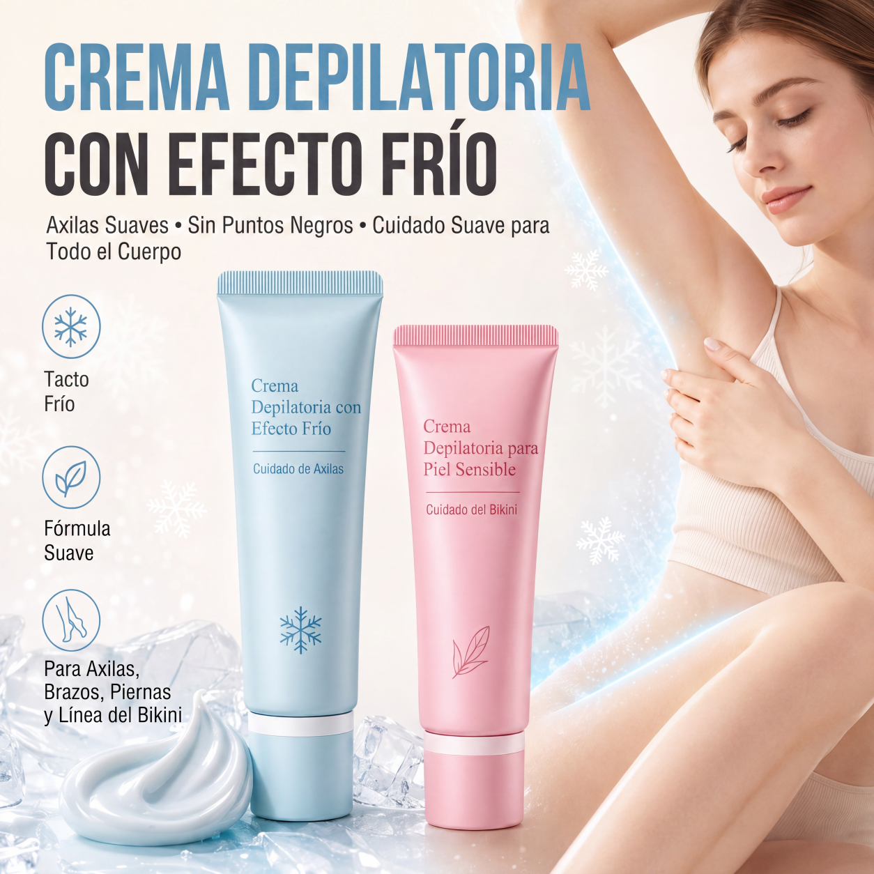 ✨ Crema Depilatoria Dual para Axilas y Zona Bikini | Efecto Hielo Calmante, Extractos Naturales, Niacinamida Aclarante, Ralentiza Crecimiento del Vello