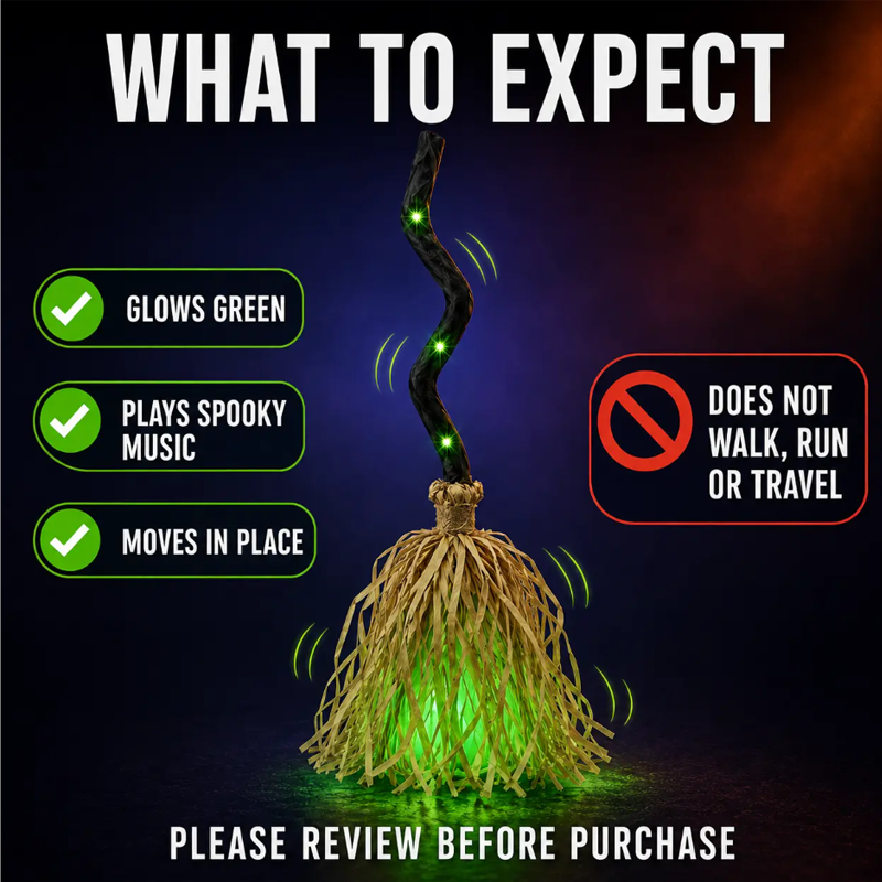 🧙 Escoba de bruja animada decoración de Halloween con luces y sonido