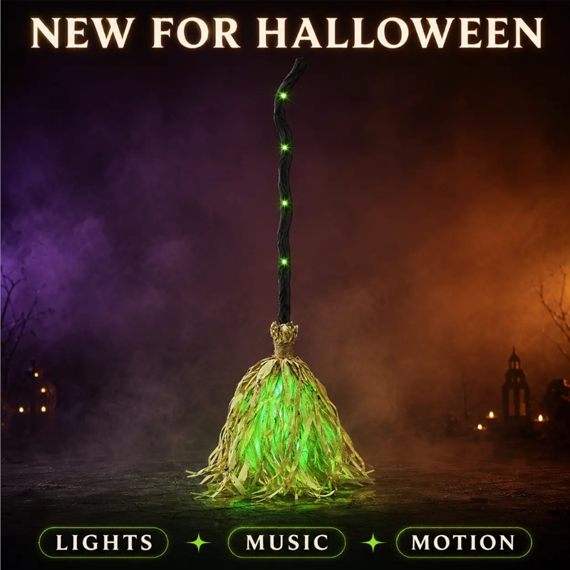 🧙 Escoba de bruja animada decoración de Halloween con luces y sonido