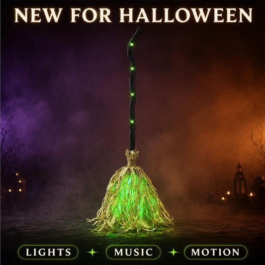 🧙 Escoba de bruja animada decoración de Halloween con luces y sonido