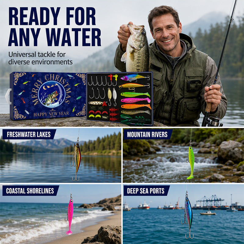 Calendario de Adviento de Navidad con señuelos de pesca, set de caja sorpresa con minnow, popper y cucharas