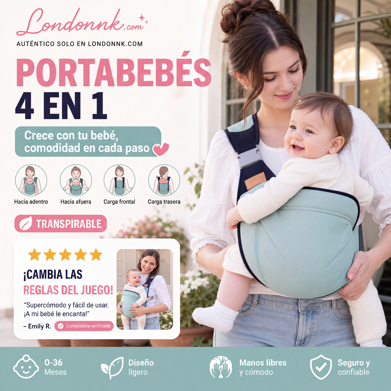 🎉 Rebajas 2026 — ¡Más de 30.000 unidades vendidas! 👶 Portabebés transpirable 4 en 1 – Para 0-36 meses, uso en posición delantera/trasera, orientado hacia adentro/hacia afuera – ¡Comodidad de manos libres para padres y bebés! ✨