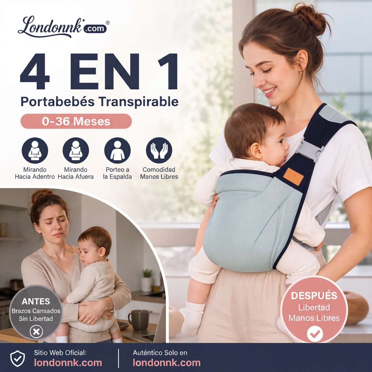 🎉 Rebajas 2026 — ¡Más de 30.000 unidades vendidas! 👶 Portabebés transpirable 4 en 1 – Para 0-36 meses, uso en posición delantera/trasera, orientado hacia adentro/hacia afuera – ¡Comodidad de manos libres para padres y bebés! ✨