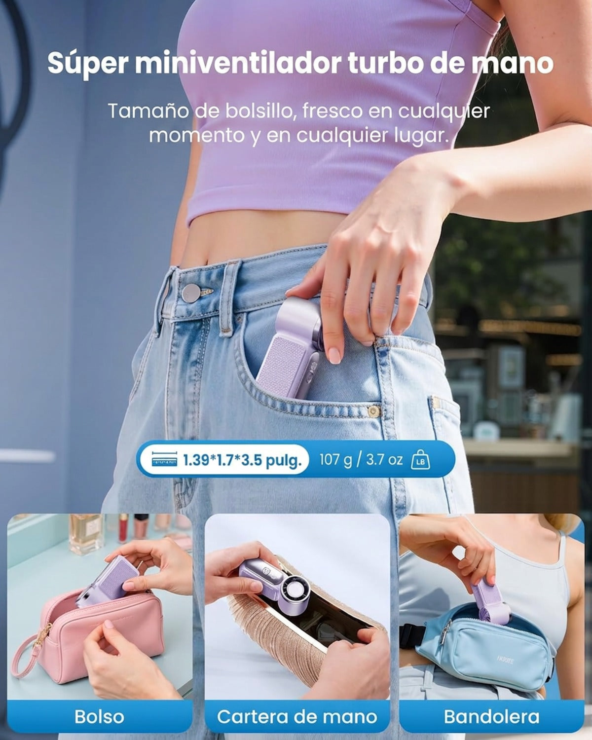 🌀💨 Mini ventilador portátil con pantalla LED – 👍 Ventilador de bolsillo turbo de 5 velocidades. ✨ Recargable por USB, enfriamiento rápido ideal para viajes y maquillaje. Regalo perfecto. Refrigeración portátil.