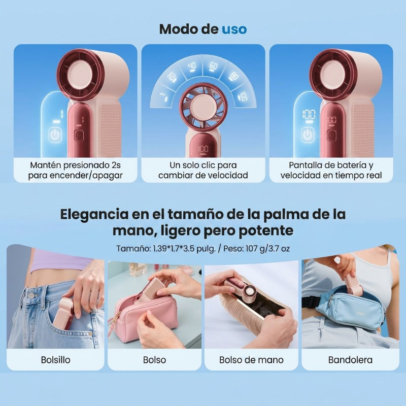 🌀💨 Mini ventilador portátil con pantalla LED – 👍 Ventilador de bolsillo turbo de 5 velocidades. ✨ Recargable por USB, enfriamiento rápido ideal para viajes y maquillaje. Regalo perfecto. Refrigeración portátil.