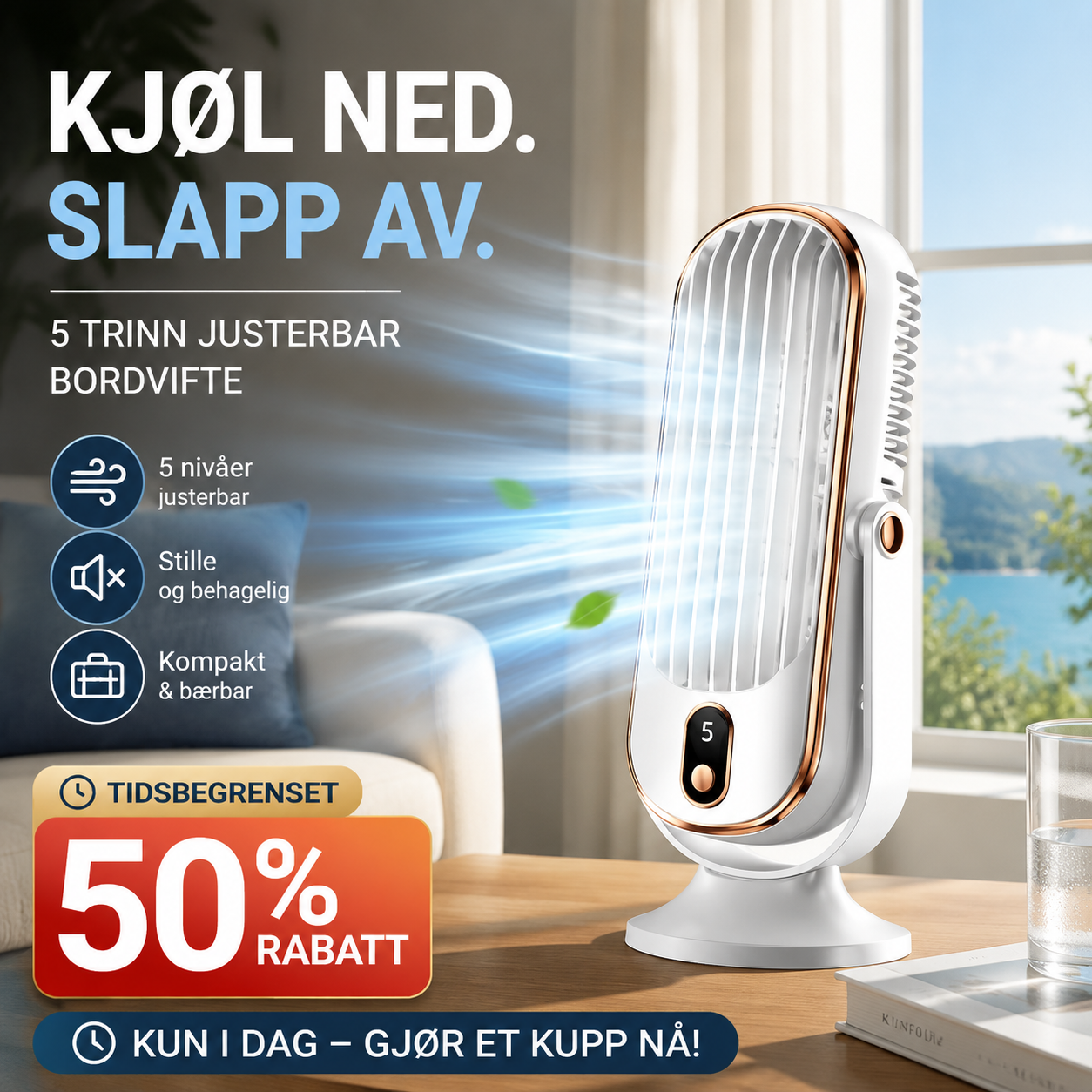 🔥 Ventilador de mesa portátil con 5 velocidades regulables