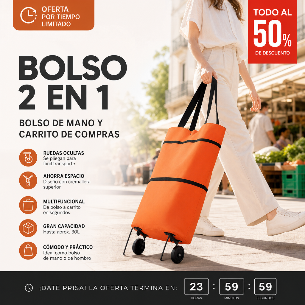 🛒🔥 ¡50% DE DESCUENTO! Carro de la compra plegable 2 en 1 – Práctico, ligero y resistente – Perfecto para la compra diaria, el mercado o el hogar 🥰✨