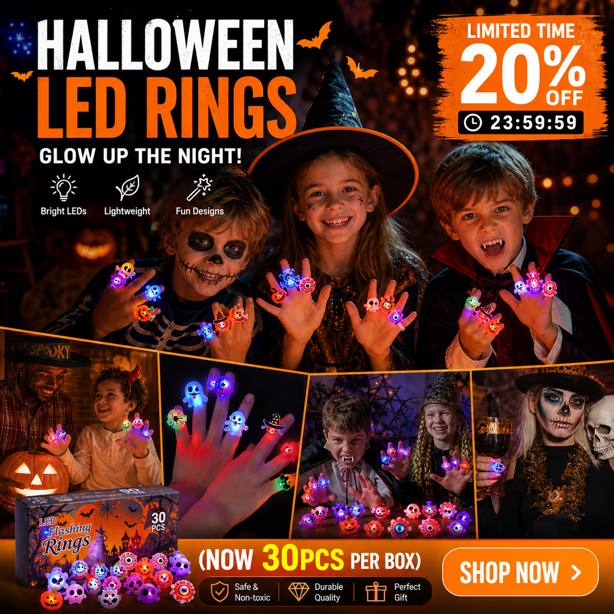🎁Anillo Luminoso LED para Halloween 😍 Set de 30 Unidades